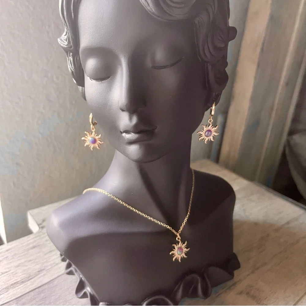 New! Purple Gold Sun Earrings & Necklace Sundrop Earrings Set 18k gold Plated